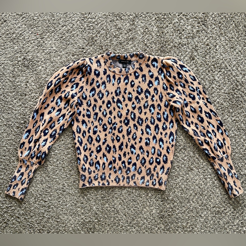 Ann Taylor Leopard Print Puff Sleeve Sweater In Camel And Blue